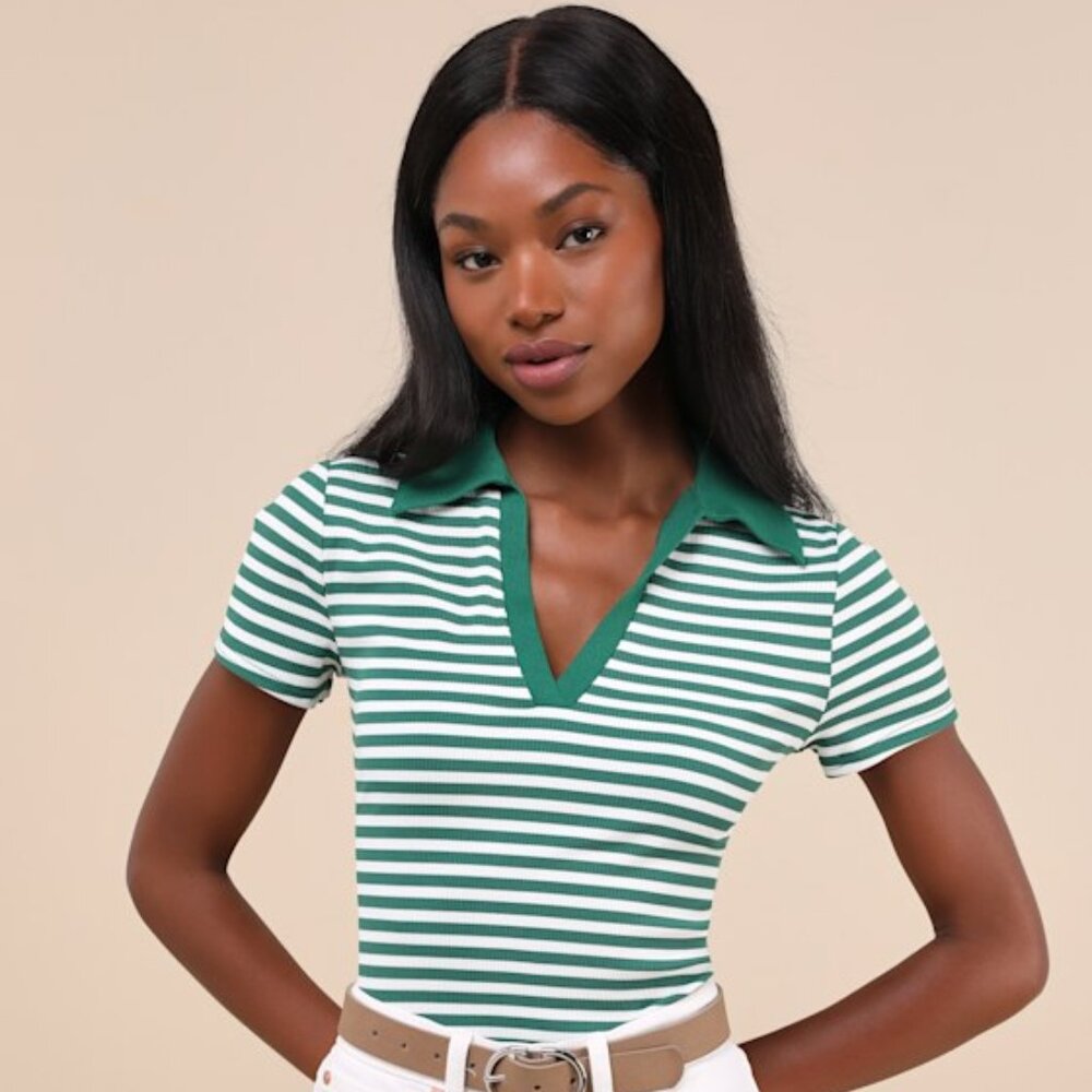 Lulus Sweet Cuteness White And Green Striped Ribbed Collared Top - Size S